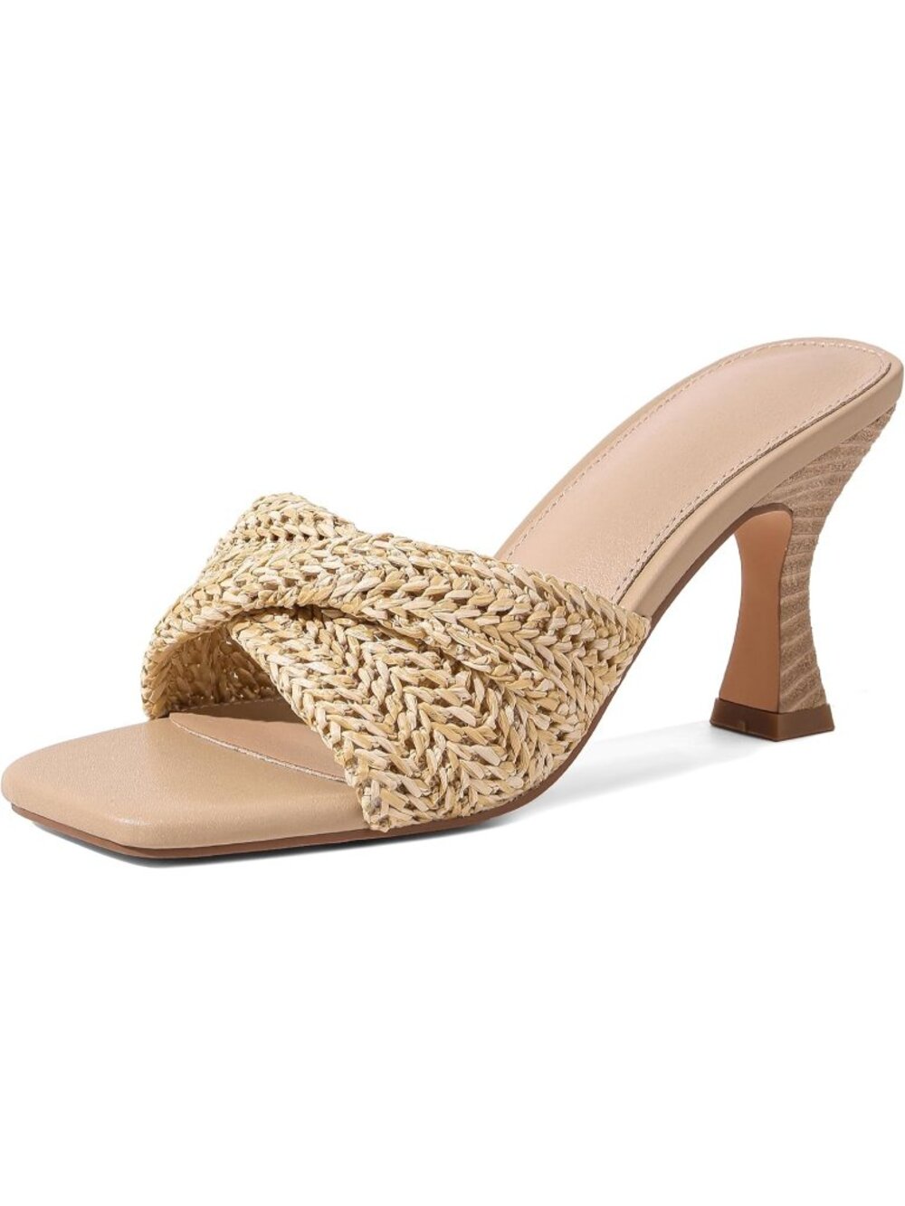 Women's Apricot Stiletto Mule Heel Open Square Toe Braided Backless Slip On